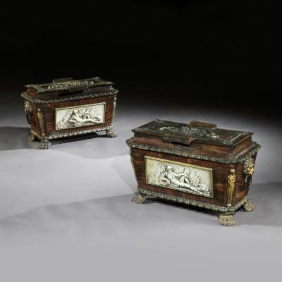EXTREMELY RARE PAIR OF REGENCY CAST IRON SARCOPHAGUS SHAPED STRONG BOXES