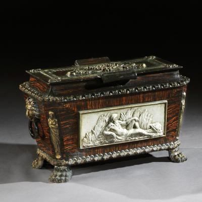 EXTREMELY RARE PAIR OF REGENCY CAST IRON SARCOPHAGUS SHAPED STRONG BOXES