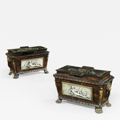 EXTREMELY RARE PAIR OF REGENCY CAST IRON SARCOPHAGUS SHAPED STRONG BOXES