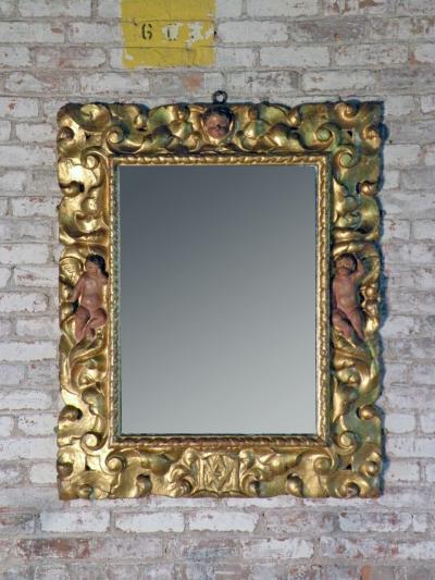 Early 18th Century Spanish Baroque Gilt Wood and Polychrome Mirror