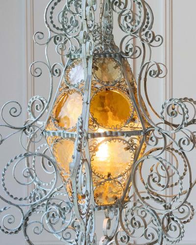 Early 1900s Italian Wrought Iron Lantern Light Green Finish Amber Glasses