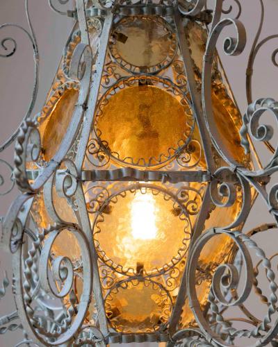 Early 1900s Italian Wrought Iron Lantern Light Green Finish Amber Glasses