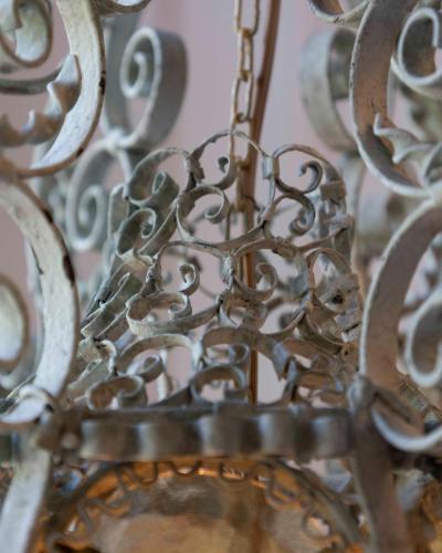 Early 1900s Italian Wrought Iron Lantern Light Green Finish Amber Glasses