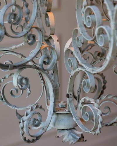 Early 1900s Italian Wrought Iron Lantern Light Green Finish Amber Glasses