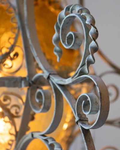 Early 1900s Italian Wrought Iron Lantern Light Green Finish Amber Glasses
