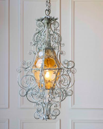 Early 1900s Italian Wrought Iron Lantern Light Green Finish Amber Glasses