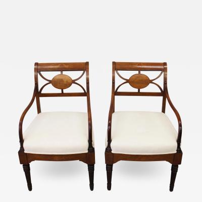 Early 19th Century Antique Biedermeier Scenic Inlaid Arm Chairs a Pair