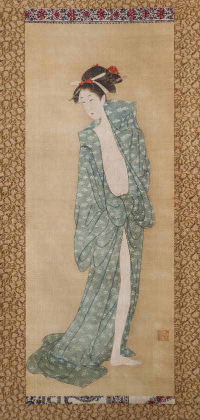 Early 19th Century Japanese Scroll Bijin After The Bath In Summer