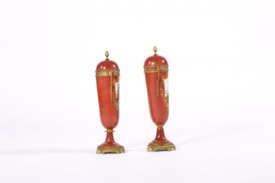 Early 19th Century Pair Bronze Mounted Porcelain Urns