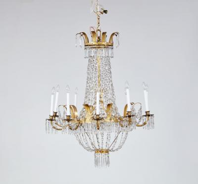 Early 19th c Swedish Crystal Chandelier with Gilt Metal Ferns
