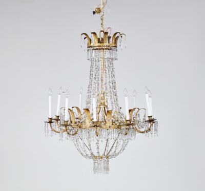 Early 19th c Swedish Crystal Chandelier with Gilt Metal Ferns
