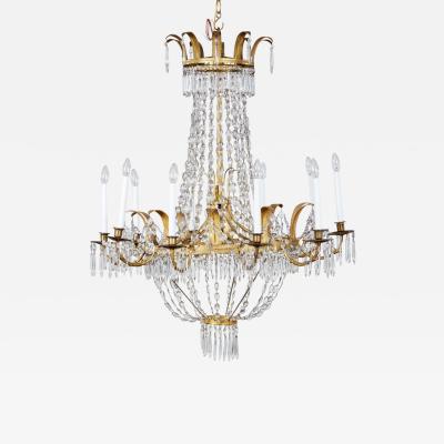 Early 19th c Swedish Crystal Chandelier with Gilt Metal Ferns