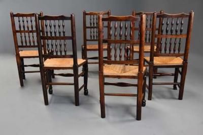 Early 19th century set of six ash elm spindle back chairs of superb patina