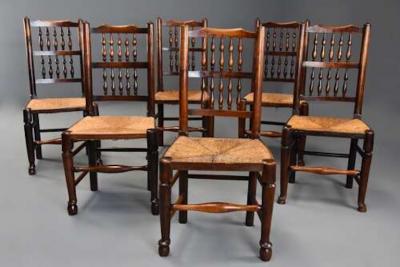 Early 19th century set of six ash elm spindle back chairs of superb patina