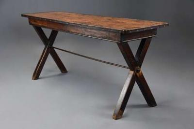 Early 19th century sycamore trestle ended tavern table of fine patina
