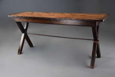 Early 19th century sycamore trestle ended tavern table of fine patina