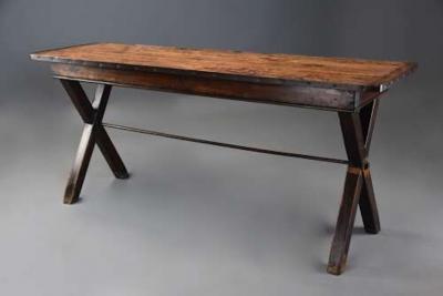 Early 19th century sycamore trestle ended tavern table of fine patina