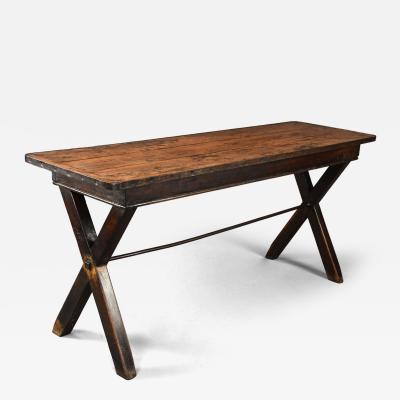 Early 19th century sycamore trestle ended tavern table of fine patina