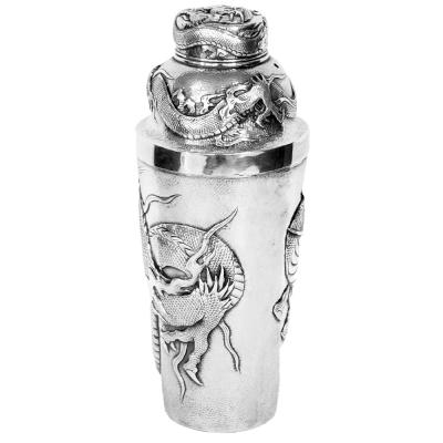 Early 20th C Handmade Japanese Dragon Sterling Cocktail Shaker