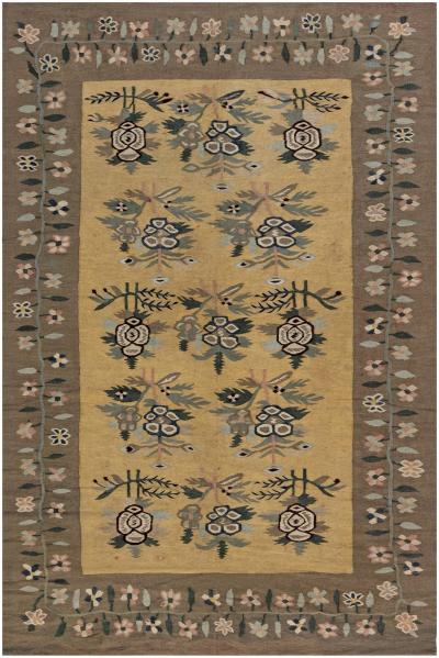 Early 20th Century Bessarabian Floral Brown Green Pink and Yellow Rug