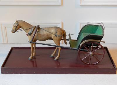 Early 20th Century Carved Wooden Horse and Carriage Model
