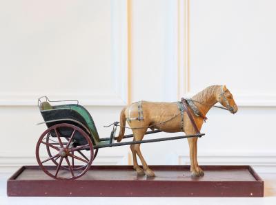 Early 20th Century Carved Wooden Horse and Carriage Model