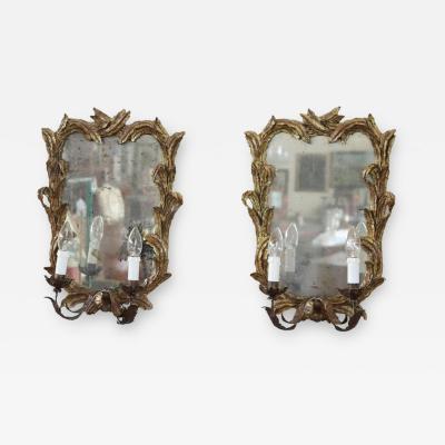 Early 20th Century Carved and Gilded Wood Sonces with Mirror Set of Two