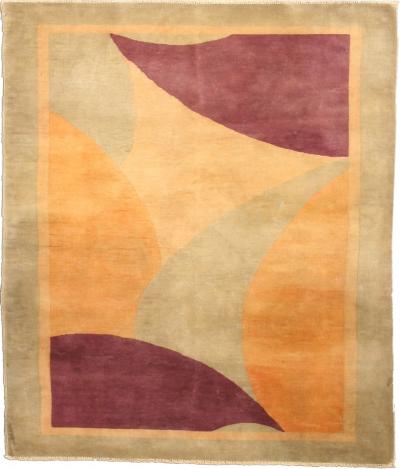Early 20th Century Chinese Art Deco Design Wool Rug in Gold Beige and Purple