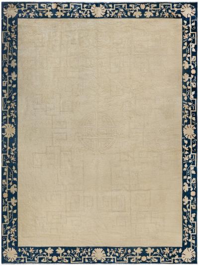 Early 20th Century Chinese Beige and Blue Handmade Wool Rug