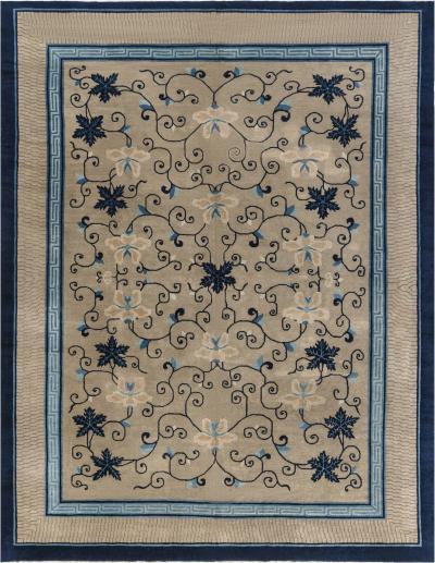 Early 20th Century Chinese Bold Botanic Beige Blue Handmade Wool Carpet