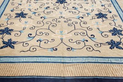 Early 20th Century Chinese Bold Botanic Beige Blue Handmade Wool Carpet