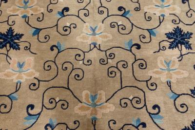 Early 20th Century Chinese Bold Botanic Beige Blue Handmade Wool Carpet
