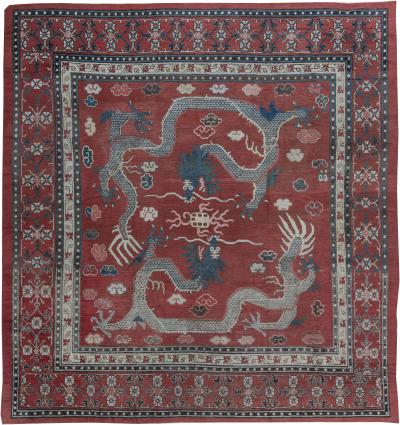 Early 20th Century Chinese Royal Crimson and Blue Handwoven Wool Rug