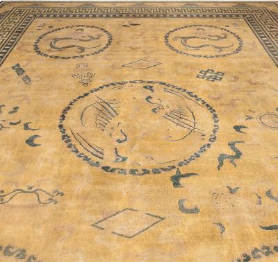 Early 20th Century Chinese Yellow Beige Blue Handwoven Wool Carpet