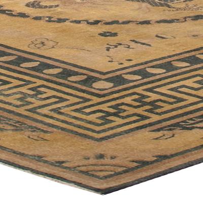Early 20th Century Chinese Yellow Beige Blue Handwoven Wool Carpet