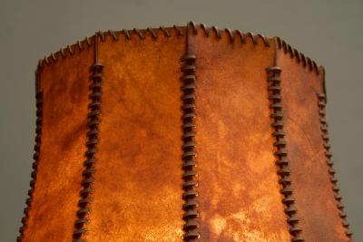 Early 20th Century Floor Lamp in Hand Carved Wood with Stunning Leather Shade