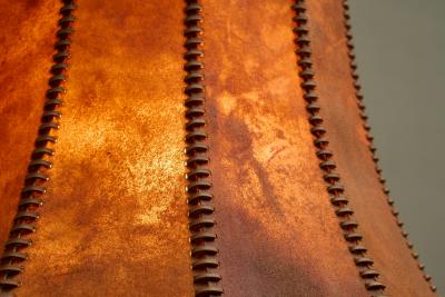 Early 20th Century Floor Lamp in Hand Carved Wood with Stunning Leather Shade