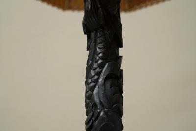 Early 20th Century Floor Lamp in Hand Carved Wood with Stunning Leather Shade