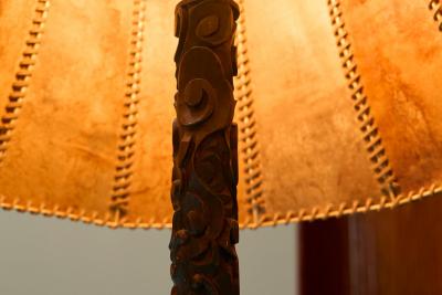 Early 20th Century Floor Lamp in Hand Carved Wood with Stunning Leather Shade