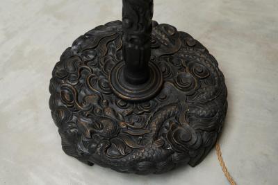 Early 20th Century Floor Lamp in Hand Carved Wood with Stunning Leather Shade