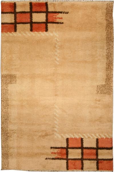 Early 20th Century French Art Deco Orange Beige and Brown Handmade Wool Rug
