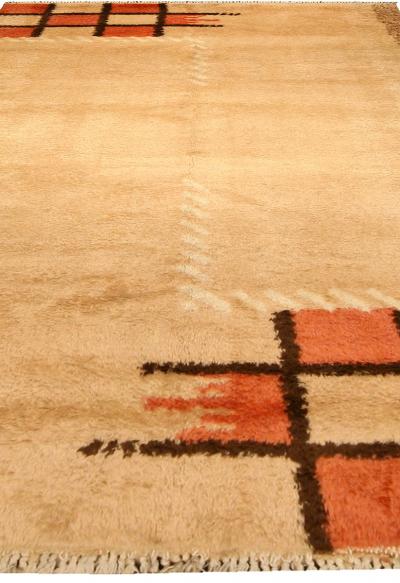 Early 20th Century French Art Deco Orange Beige and Brown Handmade Wool Rug