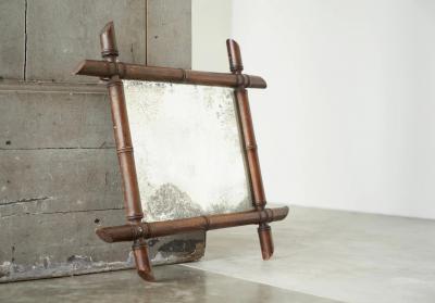 Early 20th Century French Faux Bamboo Mirror in Wood and Weathered Mirror Plate