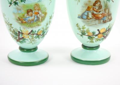 Early 20th Century French Hand Painted Decorated Art Glass Pair Vase