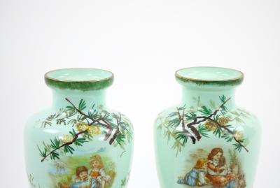 Early 20th Century French Hand Painted Decorated Art Glass Pair Vase