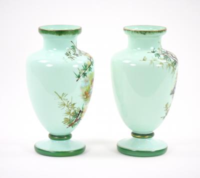 Early 20th Century French Hand Painted Decorated Art Glass Pair Vase