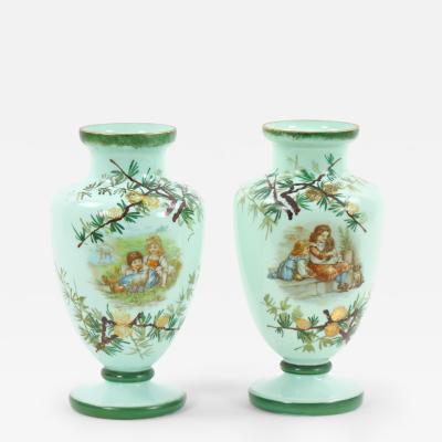Early 20th Century French Hand Painted Decorated Art Glass Pair Vase