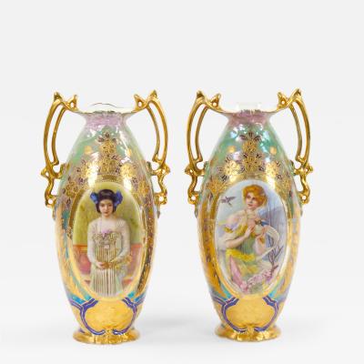 Early 20th Century German Art Nouveau Hand Painted Gilt Porcelain Vases