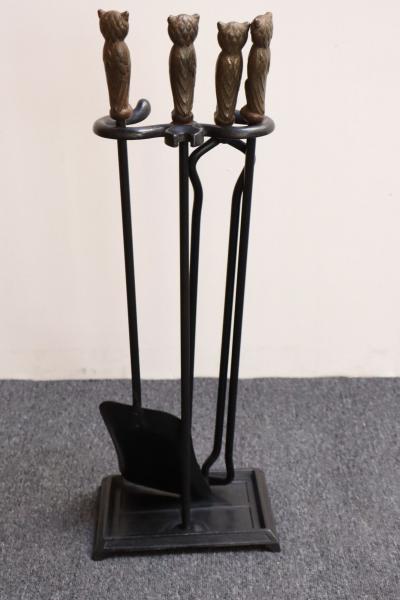 Early 20th Century Iron Fire Tool Set with Cast Brass Owl Form Handles