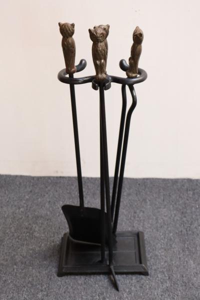 Early 20th Century Iron Fire Tool Set with Cast Brass Owl Form Handles